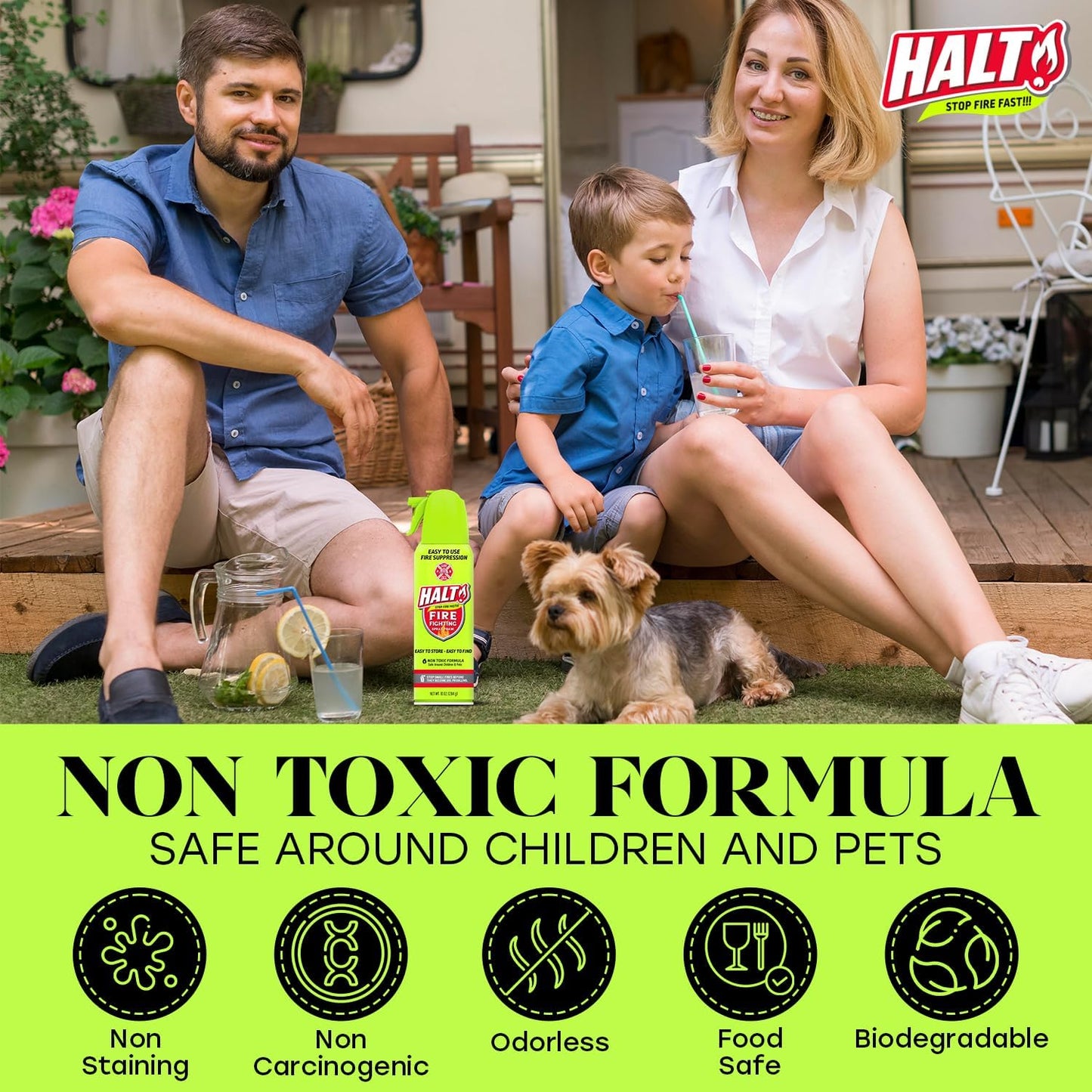 HALT! 10oz Fire Safety Spray – Non-Toxic, PFAS-Free Handheld Fire Suppressor – Easy to Use, Store & Find – Compact & Portable for Home, Kitchen, Car, BBQ, Camping & Tailgate – Made in USA (2pk)