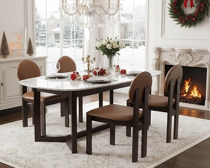 Modern Wood Dining Chairs Set of 4, Farmhouse Brown Faux Leather Kitchen Chairs with Round Back & Walnut Legs, Mid-Century Armless Upholstered Accent Chairs for Dining Room/Living Room/Restaurant