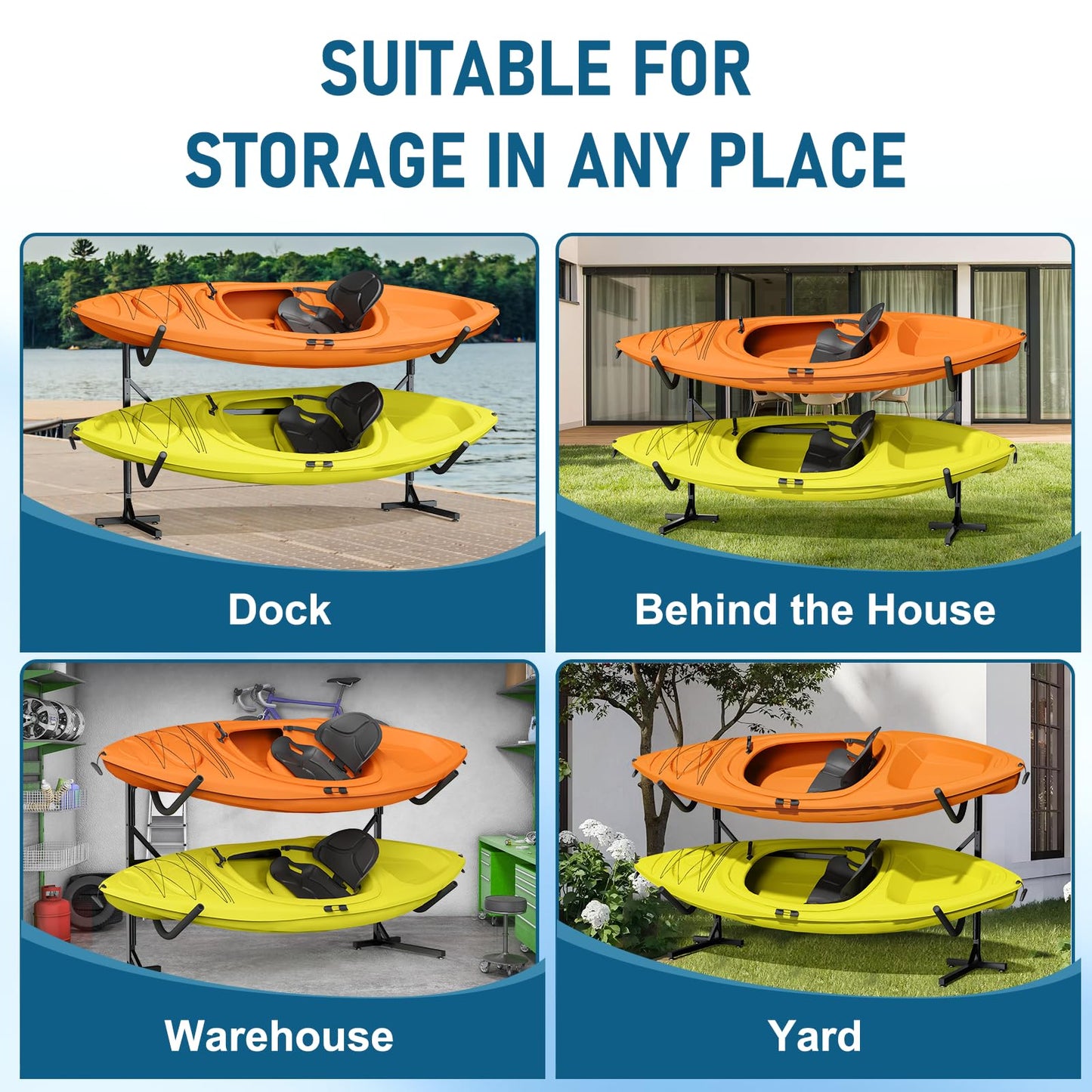 LXVOOEE Kayak Storage Rack, Heavy Duty Freestanding Kayak Rack for 2 Kayaks, Canoe, Surfboard and Paddle Board Adjustable Kayak Hanger Holder with Padded Arms for Indoor Outdoor Garage, S-Shape