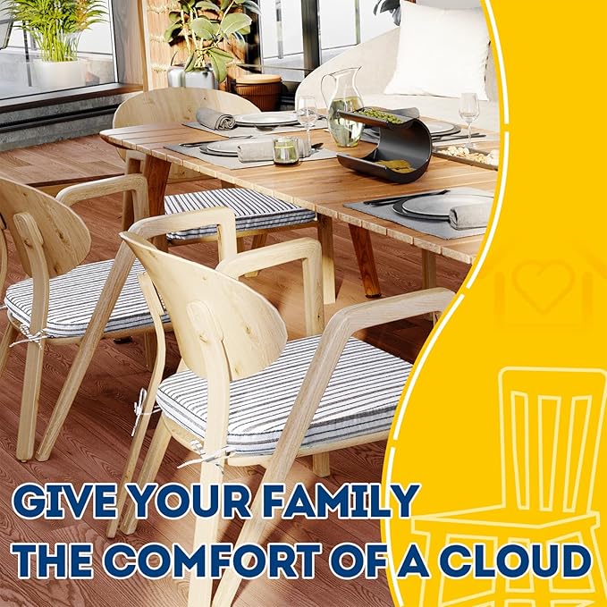 AAAAAcessories D-Shaped Chair Cushions, 2" Thick Dining Chair Pads with Ties and Removable, Machine-Washable Cover, 17" x 16", Pinstripe Brown