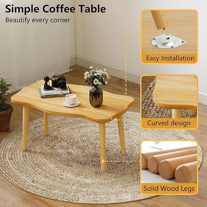 Funecy Cookie Coffee Table Low Table with 4 Solid Wood Sturdy Legs, Floor Table Desk for Sitting on The Floor, Storage and Living Room Furniture (Natural)