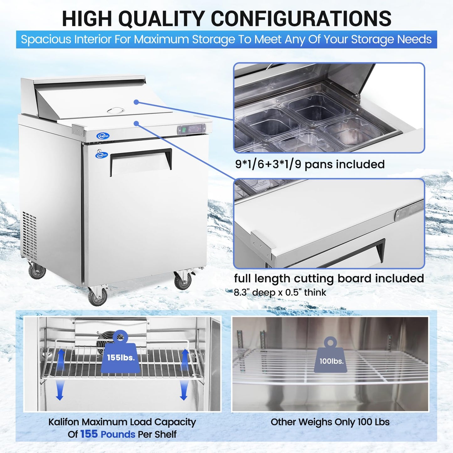 kalifon 27" W 1 Door Refrigerator Sandwich Salad Prep Table Commercial Stainless Steel Fan Cooling Refrigerator with Cutting Board, 1 Shelves & 12 Pans for Restaurant, Bar, Shop-7.4 Cu.ft