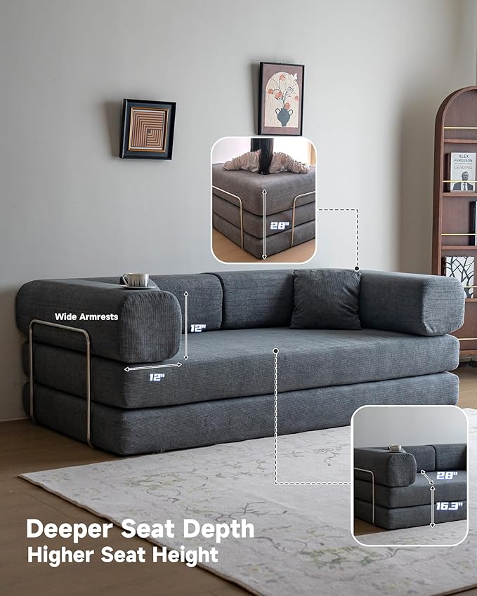 No Assembly Convertible Sofa Bed & 79" Boneless Couch with Pocket , 5-in-1 Futon Sofa Bed with 2 Pillows Modular Pull Out Couch Bed with Frame,Compression in Box for Living Room Small Spaces Grey