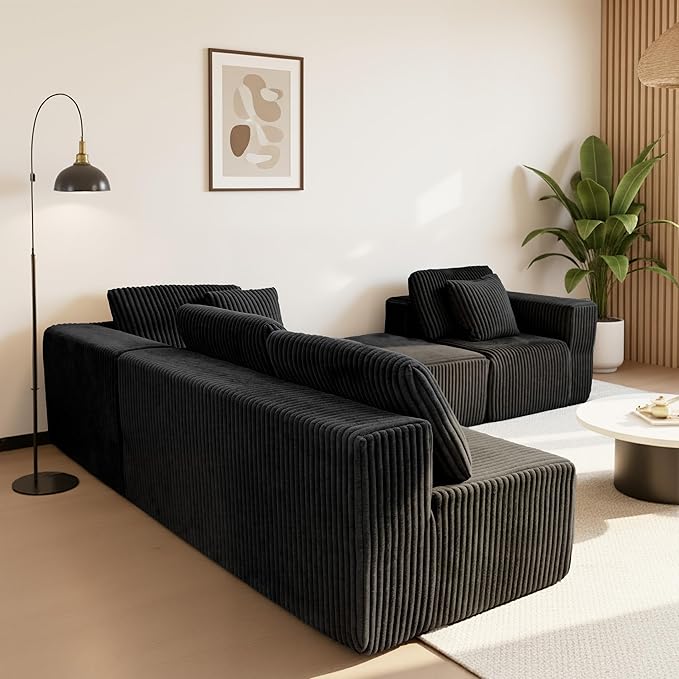 SEENYOO 132" U Shaped Modular Sofa, 4-Seater Sectional Cloud Couch with Chaise, Soft Corduroy Boneless for Living Room, No Assembly Required, Free Configuration, Black