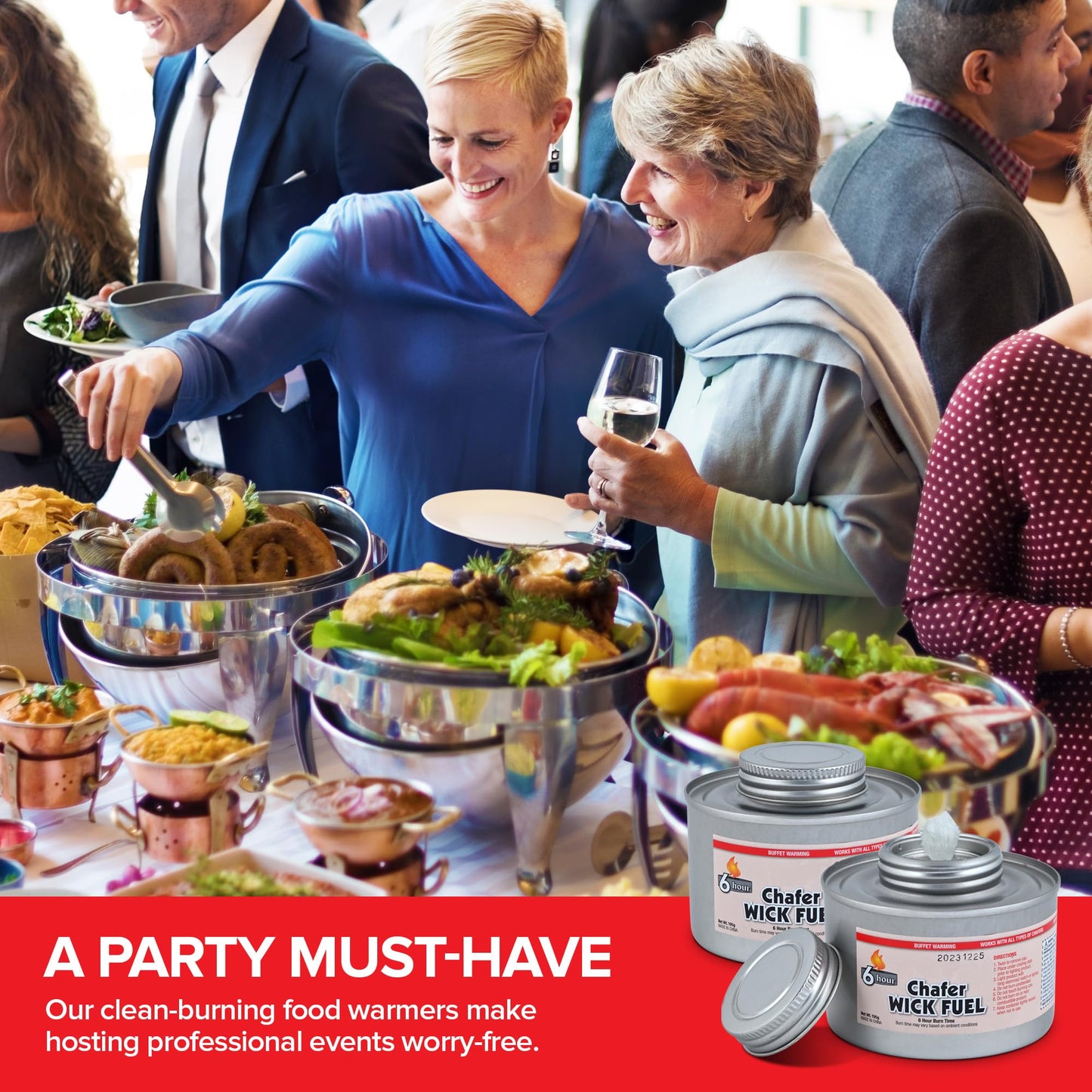 6-Hour Food Warmers for Parties (6 Pack), Chafing Fuel Cans with Wick and Safety Twist Cap, Catering Food Warmers for Buffets, Parties, Weddings, Long Lasting Burners for Food Warmer, Food Heater