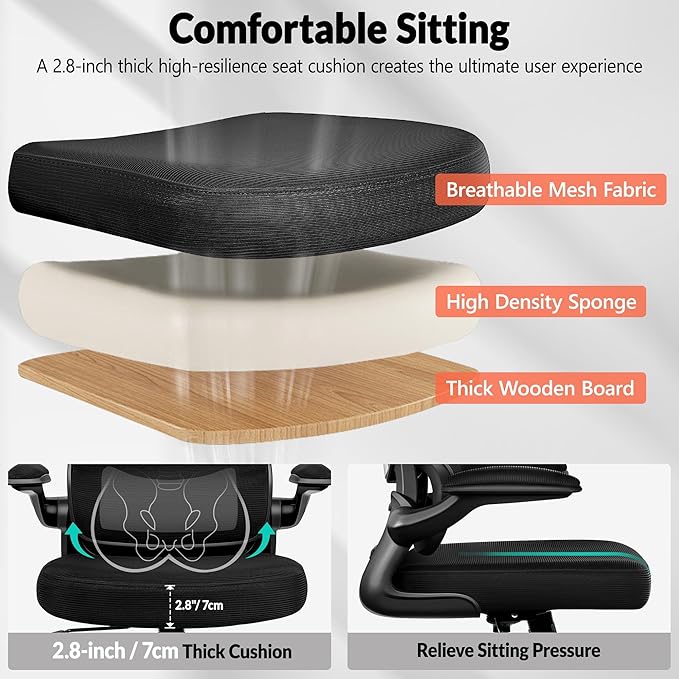 BESTFAIR Office Chair Ergonomic Desk Chair, Breathable Mesh Comfy Chair with Lumbar Support, Computer Chair, Home Desk Chair with Flip-up Armrests, Gaming Chair for Adults Home Office (Black,4Pack)