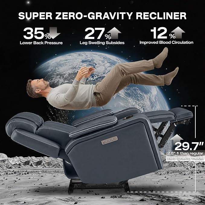 Watson & Whitely Super Zero Gravity Recliner Chair, Oversized Genuine Leather Electric Recliner W Power Adjustable Headrest & Lumbar Support Hidden Storage for Living Room, Navy Blue