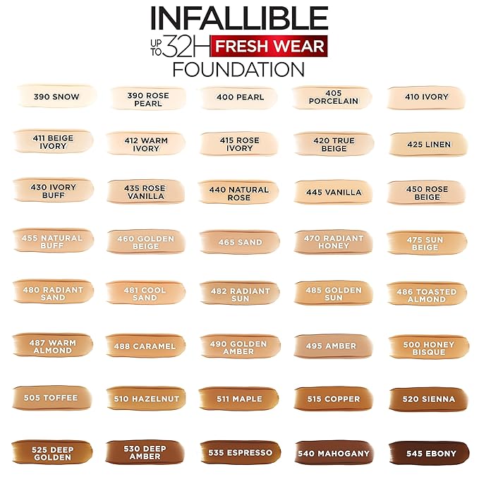 L'Oreal Paris Makeup Infallible Up to 32 Hour Fresh Wear Lightweight Foundation, 545 Ebony, 1 Fl Oz, Packaging May Vary