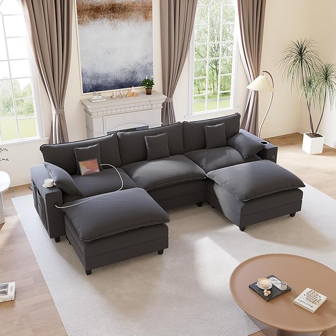 KCGKCG 116" Modular Sectional Sofa, U Shaped Cloud Couch with Movable Ottoman, Chenille Deep Seat Cloud Sofa with Charging Station, Cup Holder, Side Pocket, Sectional Couches for Living Room, Grey