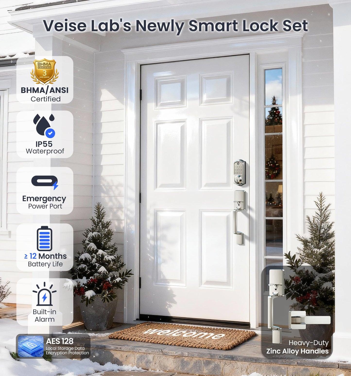 Veise VE017-D Smart Fingerprint Front Door Lock Set, App Control, 8-in-1 Keyless Entry Deadbolt with Lever Handle, Touchscreen Keypad, IP55 Weatherproof, Auto Lock, Easy Install, Satin Nickel