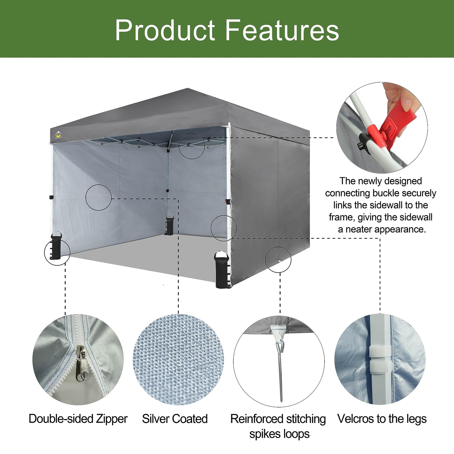 CROWN SHADES 10X10 Comercial Instant Canopy Pop Up Tent with Center Lock (10x10 with 4 Sidewalls, Grey)
