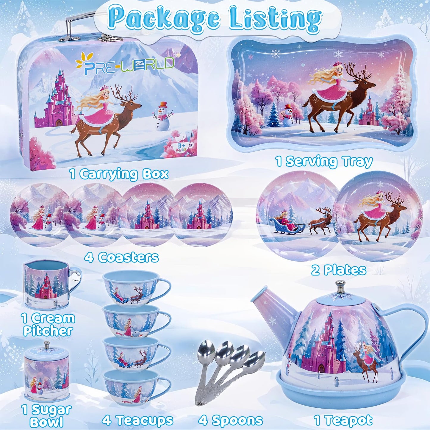 Tea Party Sets for Toddlers 3-5,PRE-WORLD Princess Tea Time Toy with Tray, Teapot, Tea Cups, Cream Pitcher, Sugar Bowl, Coasters, Plates，Kids Kitchen Pretend Play for Girls Boys Age 3 4 5 6