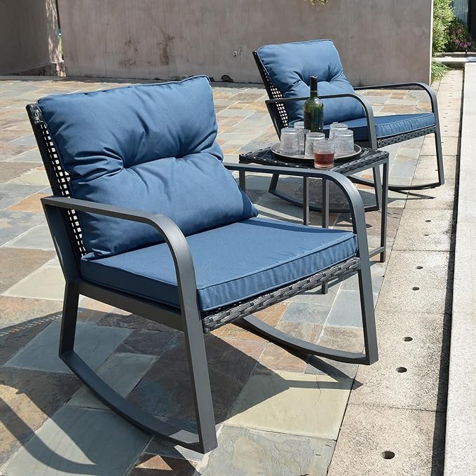 HLNPTN 3 Piece Rocking Bistro Patio Set, Outdoor Rocking Chair, Outdoor Bistro Sets Wicker Patio Furniture Rocking Chairs Sectional Couch with Tempered Glass Top Coffee Table & Cushions, Dark Blue