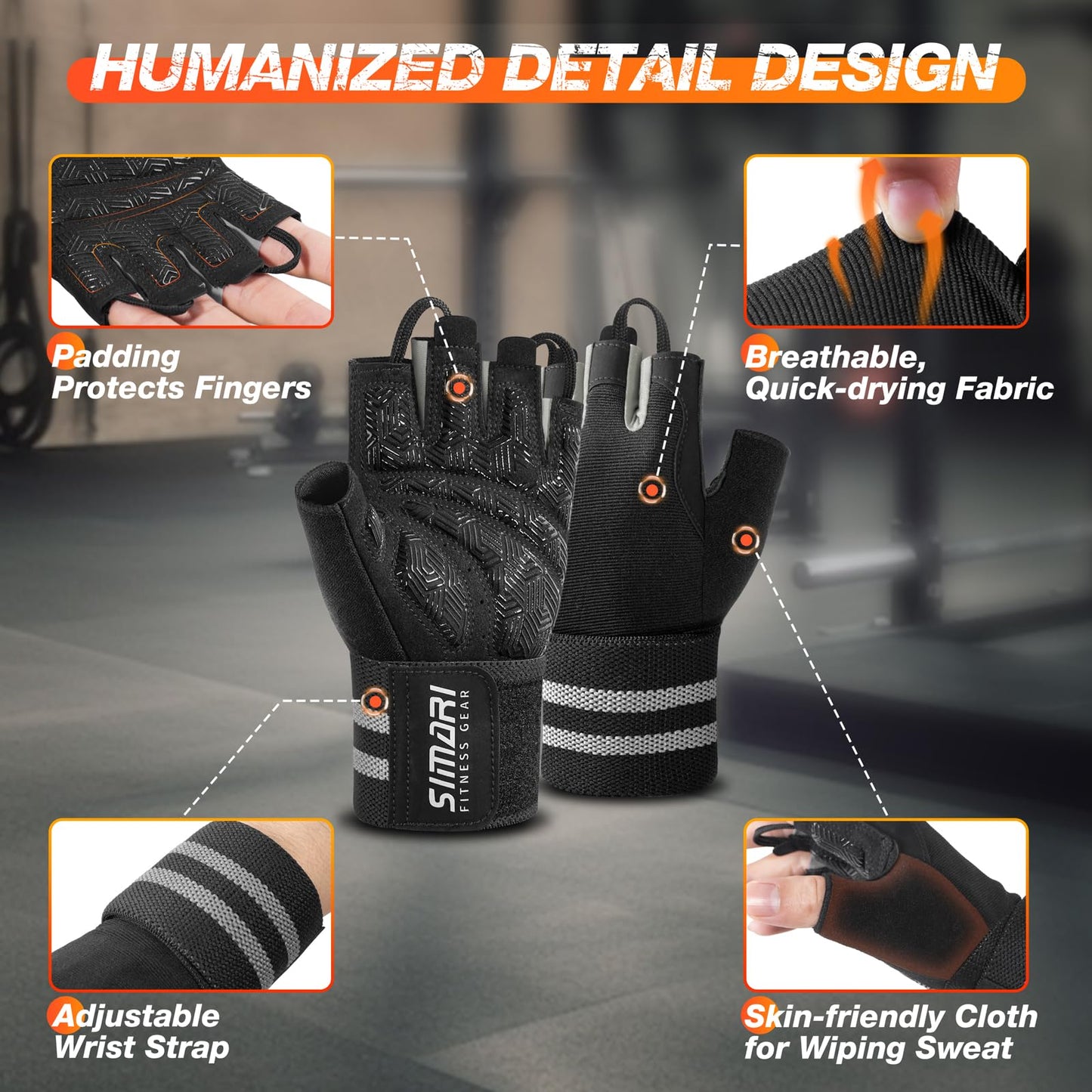 SIMARI Wrist Support Workout Gloves for Men & Women, Weight Lifting Gloves with Padded, Grip, Full Palm Protection, Gift for Gym Exercise, Cycling, Weightlifting Training, Fitness, Black Gray, Size XL