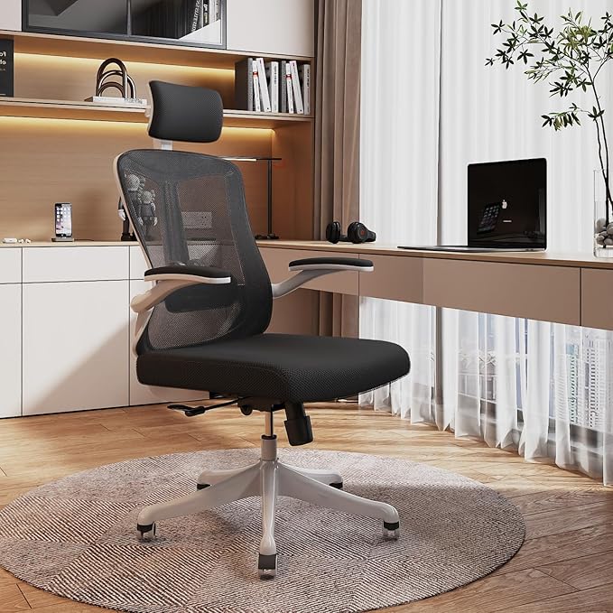 balmstar Office Chair,Ergonomic Comfy Home Desk Chair with 350LBS Capacity,High Back Gaming Chair with Wheels,Mesh Computer Chair,Lumbar Support, Adjustable Headrest,Flip-up Armrest (B-Black + White)