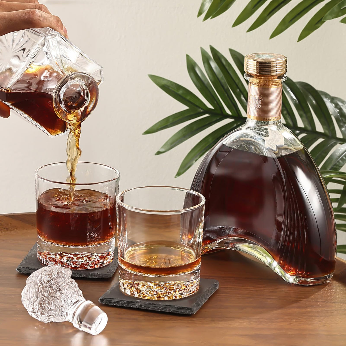 LUSKEYCOR Whiskey Decanter Set with Wooden Box Artistic 25.4 oz Decanter + 2x10 oz Glasses | 304 Stainless Steel Whiskey Stones, Slate Coasters, Tongs & Pouch | Gift for Men, Husband, Dad, Weddings