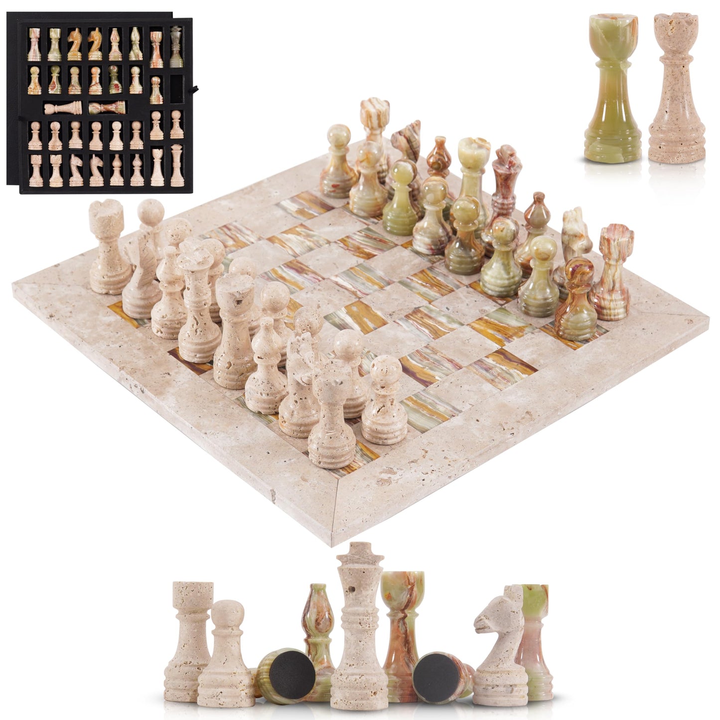 SPESHSTONES Marble Chess Set for Adults 15 Inch Handmade Travertine & Green Chess Board Games with Storage Box, Travel Chess Game with Chess Pieces & 2 Extra Queens, Gifts & Home Décor