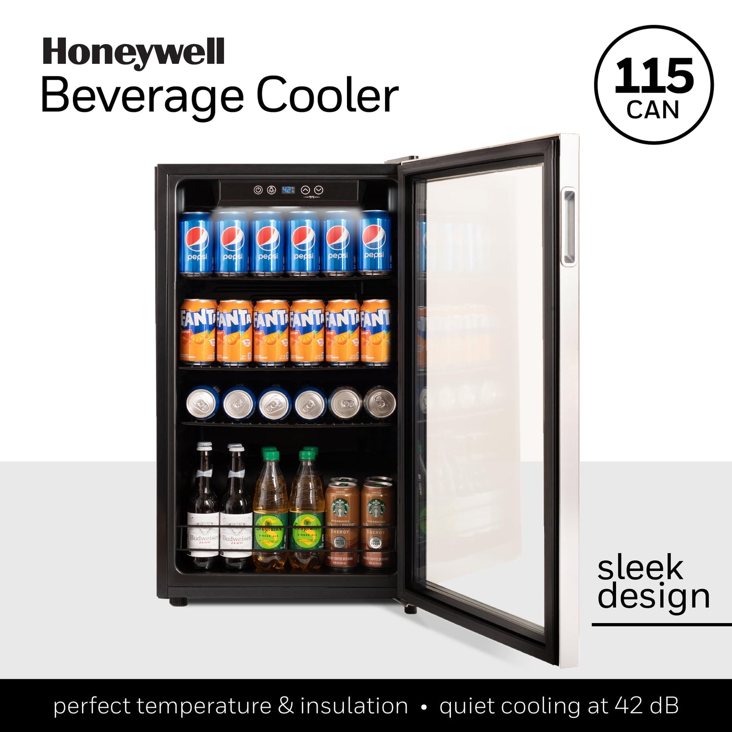 Honeywell Beverage Refrigerator and Cooler, 115 Can Mini Fridge with Glass Door for Soda Beer or Wine for Office & Mind Reader SNACKCAR Supreme Snack organizer, 14 x 14.5 Round, Black