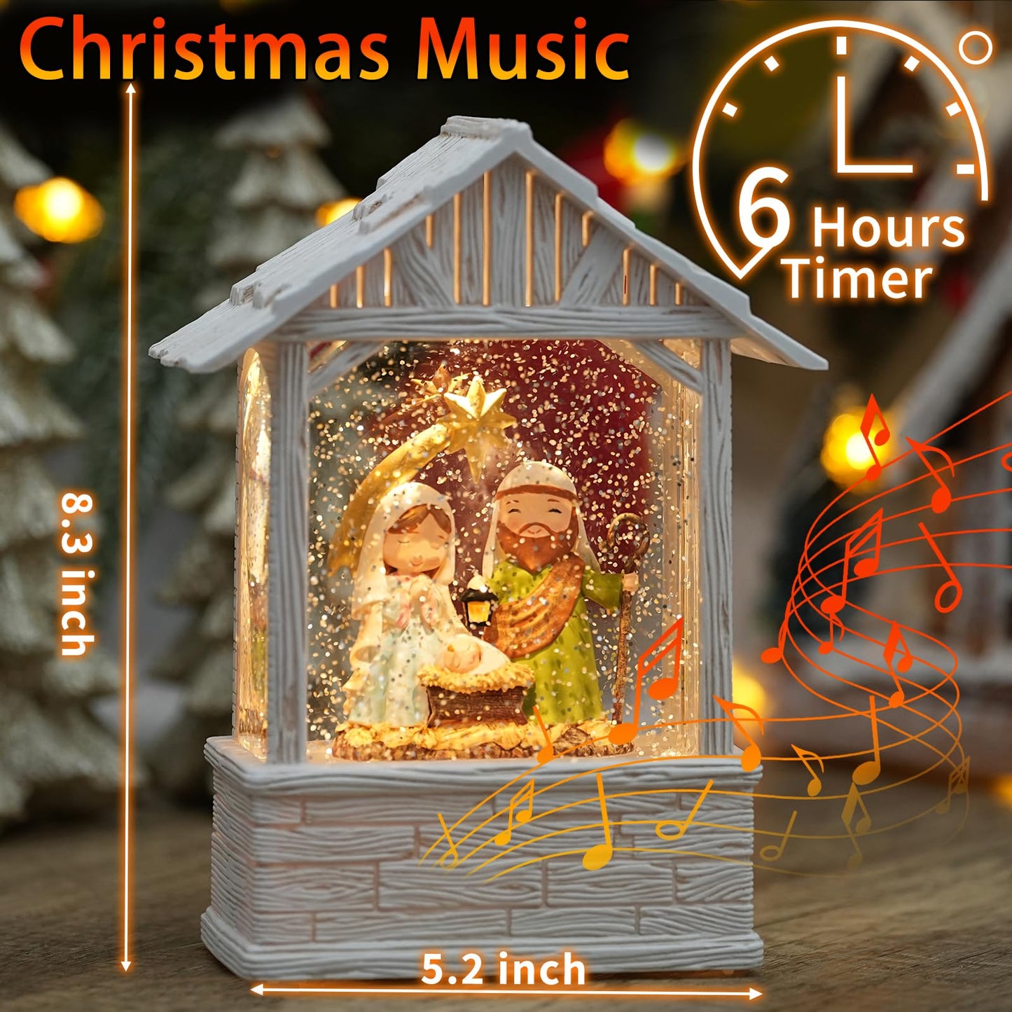 Nativity Christmas Snow Globes, Light up Snow Globe Christmas with Music, Nativity Scene Snow Globe Lantern Indoor Home Decor, 8" Christmas Glitter Snow Globes with Timer, USB Cord & Battery Operated