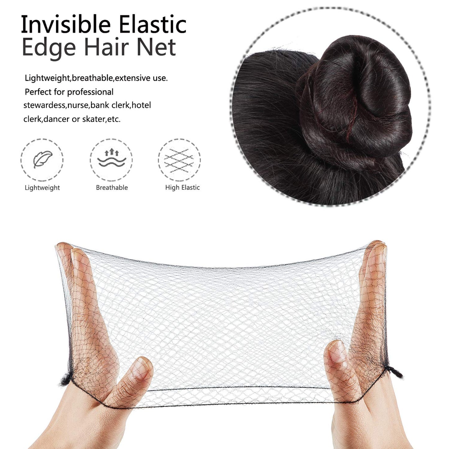 Zonon Hair Nets 50Pcs Invisible Elastic Edge Mesh, 50cm Individual Package, for Women Bun Suitable Occasions, with 40Pcs U Shape