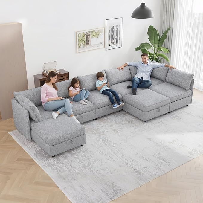 Oversized Modular 8 Seater Sofa with Removable Covers and Storage, Convertible U, L-Shaped and Sleeper Sectional, Modern Sectional Couch with Ottoman Chaise for Living Room, Bedroom, Apartment, Gray