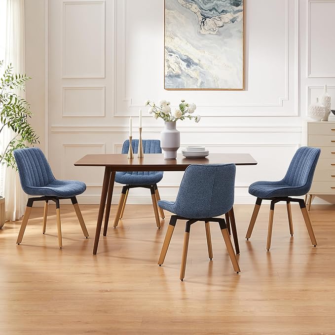 Art Leon Swivel Dining Chairs Set of 2, Mid Century Modern Kitchen Dining Room Chairs, Upholstered Fabric Armless Side Chair with Wood Legs for Living Room Bedroom, Blue
