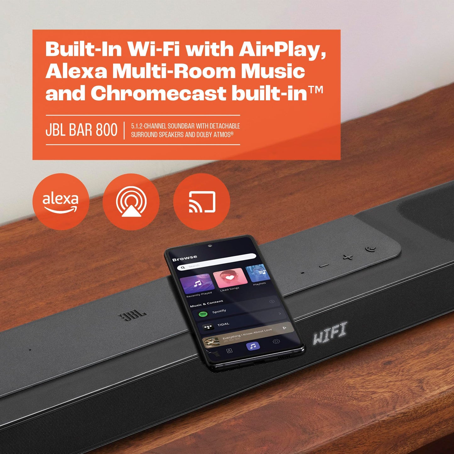 JBL Bar 800-5.1.2-Channel soundbar with Detachable Surround Speakers and Dolby Atmos®, 10” Wireless subwoofer, Built-in Wi-Fi with AirPlay, Alexa Multi-Room Music and Chromecast (Black)