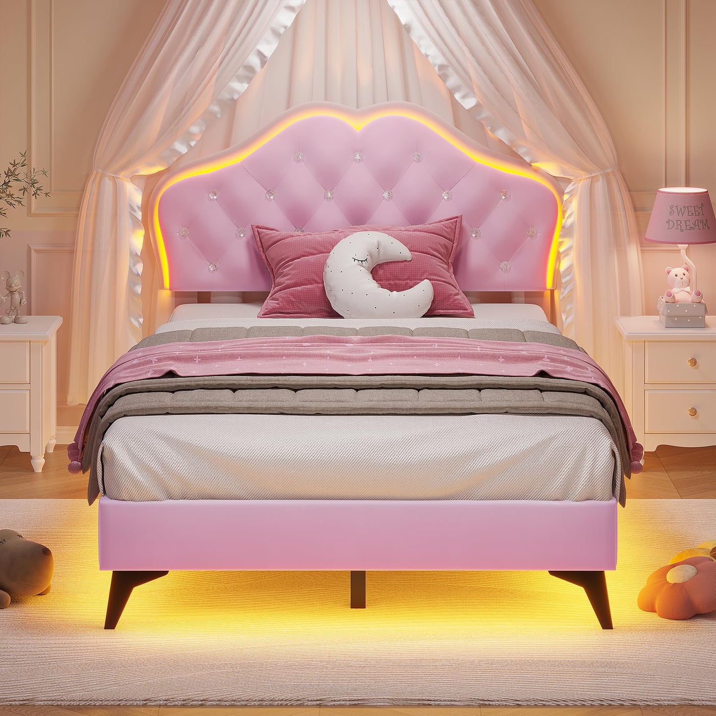 ADORNEVE Twin Size Upholstered LED Bed Frame, Girls Bed with Adjustable Crystal Button Headboard, Velvet Princess Platform Bed for Girls, Solid Wooden Slats, Easy Assembly, Pink
