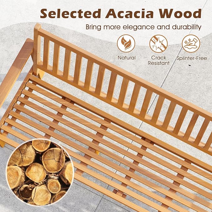 Tangkula Outdoor 3-Seat Acacia Wood Bench, 64 Inches Extra Long Chair with Cushion, Slatted Seat & Backrest, 3-Person Patio Wood Bench for Backyard, Porch, Balcony & Garden