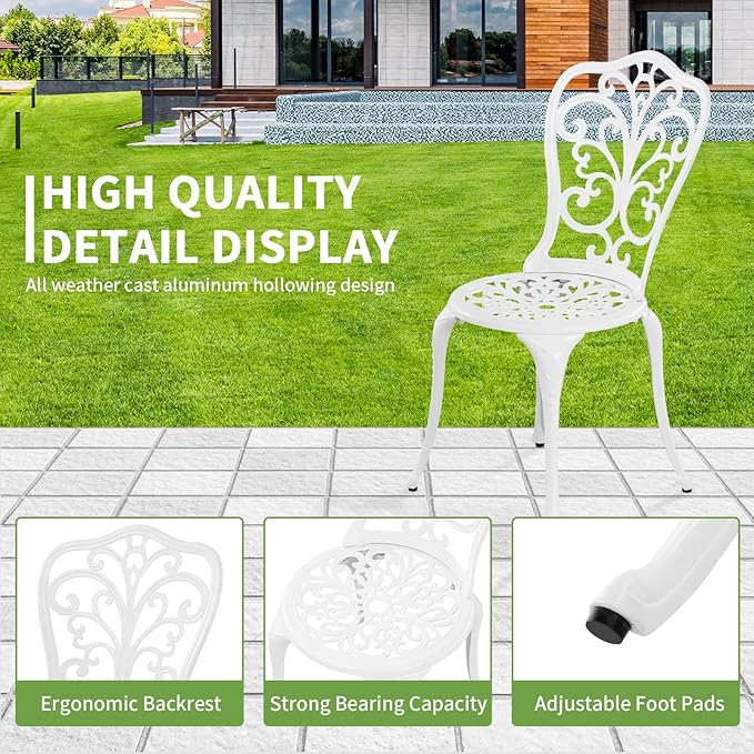 Withniture Patio Bistro Set 3 Piece Outdoor, All Weather Patio Furniture Bistro Table and Chairs Set of 2, Cast Alumium Bistro Table Set with Umbrella Hole for Garden Porch (Butterfly, White)