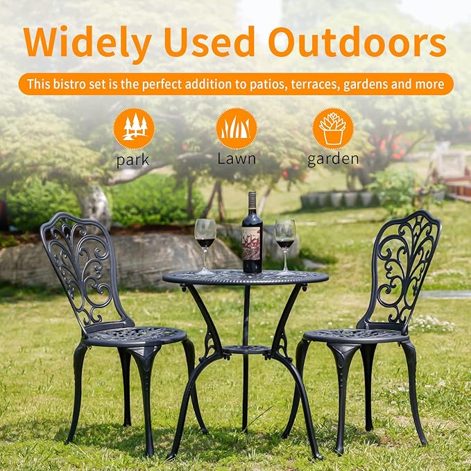 Withniture 3 Pieces Bistro Sets Cast Aluminum Outdoor Bistro Set, Patio Bistro Sets with Umbrella Hole, Weather Resistant Bistro Table and Chairs Set of 2 for Porch (Black, Butterfly)