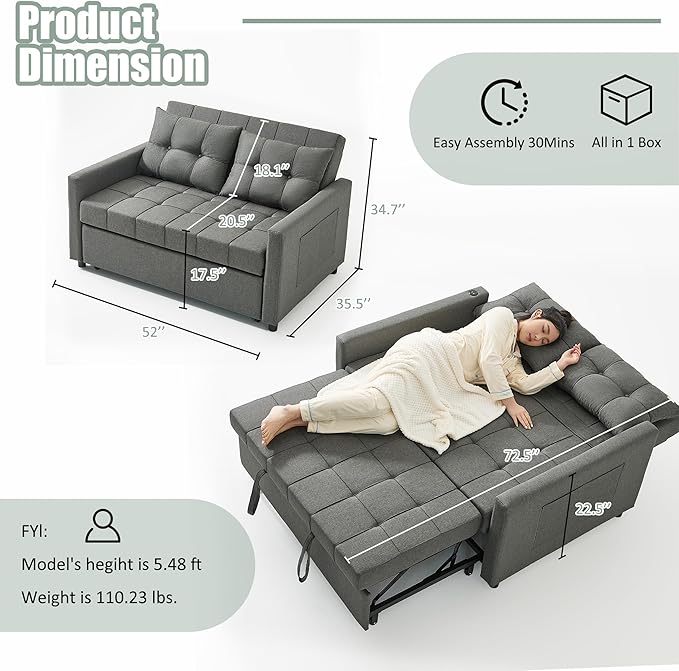 GOSUHI 52" Sleeper Sofa with Pull-Out Bed, 3-in-1 Convertible Sofa Bed, Loveseat with Stepless Adjustable Backrest and Side Pocket, for Living Room Dorm Apartment, Linen, Dark Gray