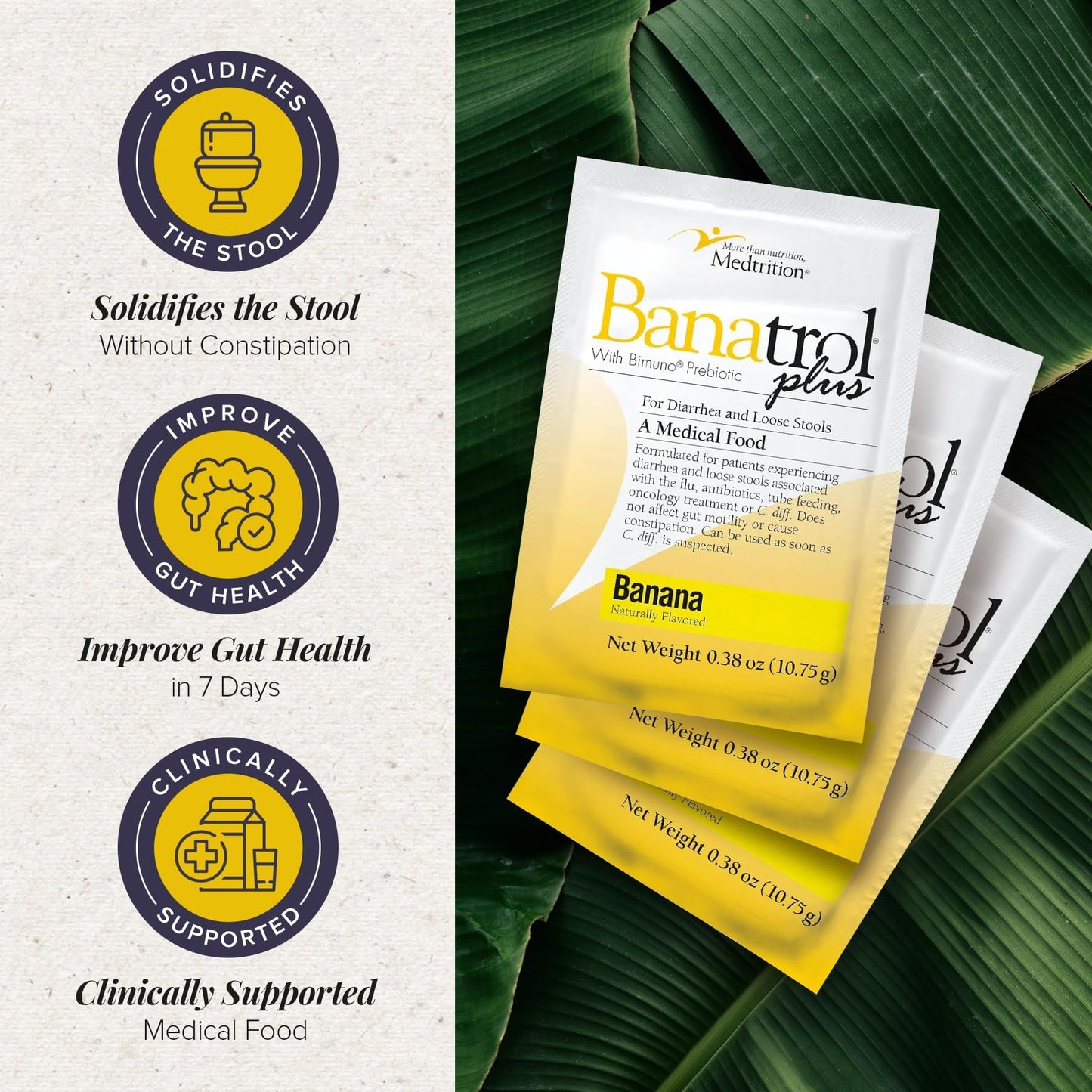 Banatrol Natural Anti-Diarrheal with Prebiotics, Relief for IBS, Recurring Diarrhea, Clinically Supported Medical Food, Non-Constipating (Banana)
