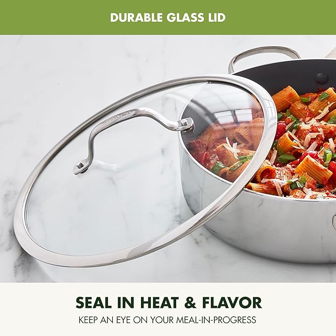 GreenPan Valencia Pro Tri-Ply Stainless Steel 5QT Sauté Pan with Lid, Ceramic Nonstick PFAS-Free Coating, Multi Clad Cookware, Induction, Dishwasher Oven and Broiler Safe