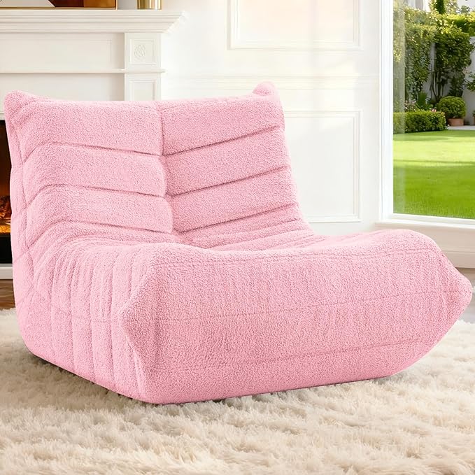 HABUTWAY Bean Bag Chairs Fireside Lazy Floor Sofa, Soft Teddy Fleece Bean Bag Sofa with High-Resilience Foam Filling，Beanbag for Living Room, Bedroom, Office (Pink Teddy)