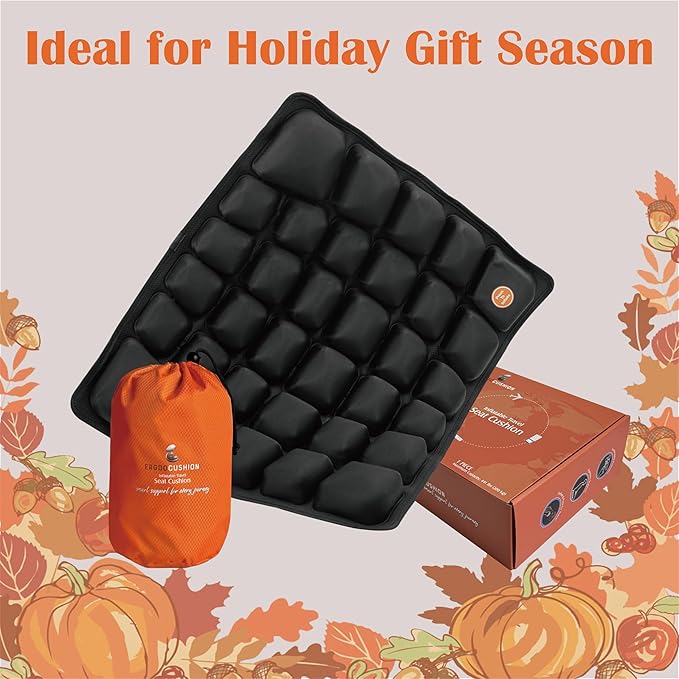 ERGOOCUSHION Inflatable Seat Cushion for Airplane & Travel – Portable Inflatable Pad with Built-in Pump, Adjustable Firmness, Tailbone & Back Pain Support, Carry Bag Included