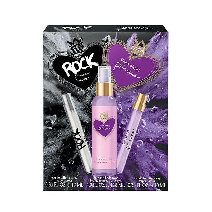 Vera Wang Princess + Rock Princess, Body Mist and Eau de Toilette Spray (2) 3 Piece Gift Set, Notes of Peach, Jasmine, and Vanilla, Women's Fragrance, Long Lasting, Everyday Fragrance