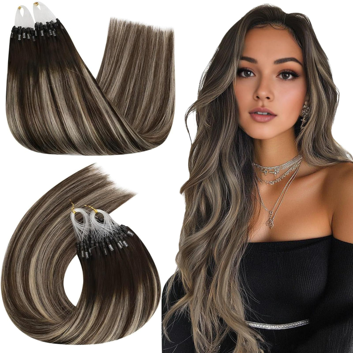 Ugeat Ash Brown Micro Link Hair Extension Human Hair Balayage Ombre Micro Bead Hair Extensions Real Human Hair Dark Brown Natura