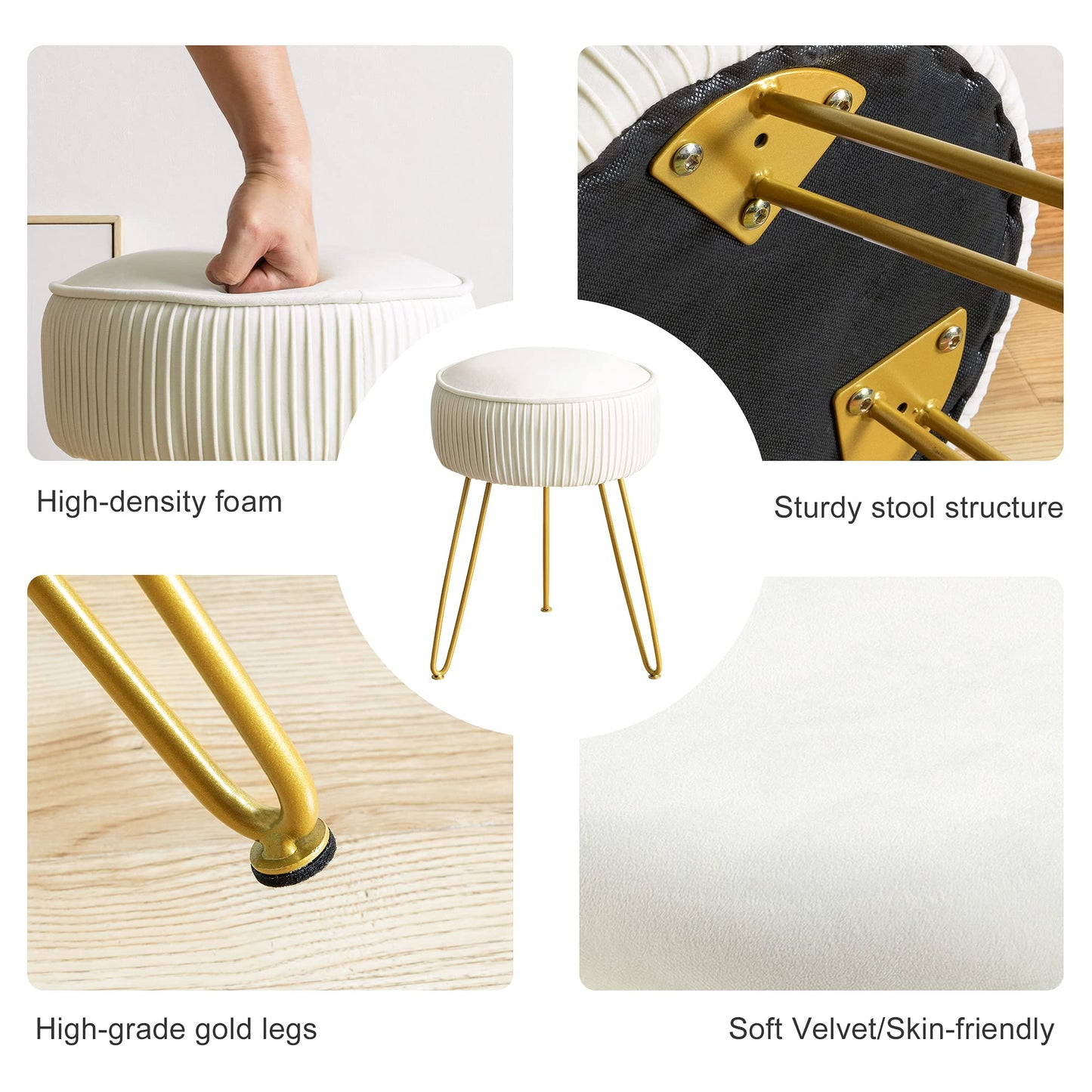 LUE BONA Pleated Vanity Stool, Velvet Upholstered Vanity Stool for Makeup Room, Round Stool for Vanity, Ottoman Footrest Stool with Metal Legs for Living Room, Bedroom, White