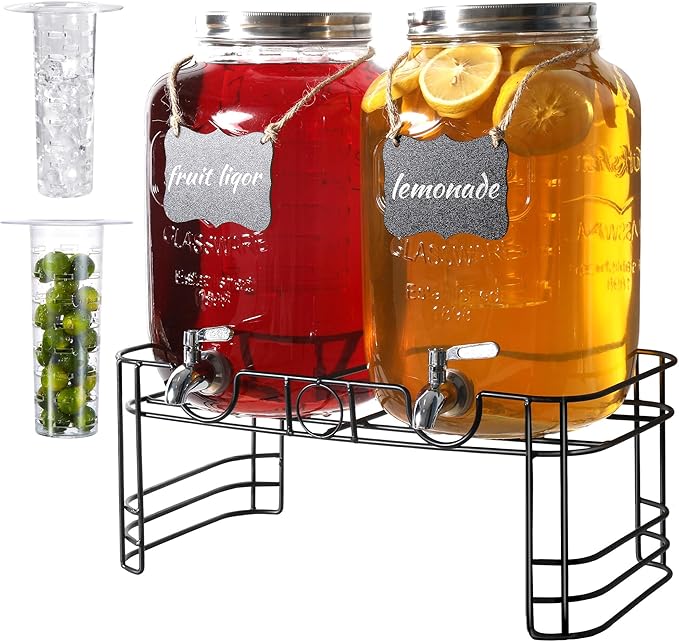 2 Gallon Drink Dispensers for Parties, 2 Pack Beverage Dispensers with Stand, Glass Water Jug Dispenser, with 18/8 Stainle...