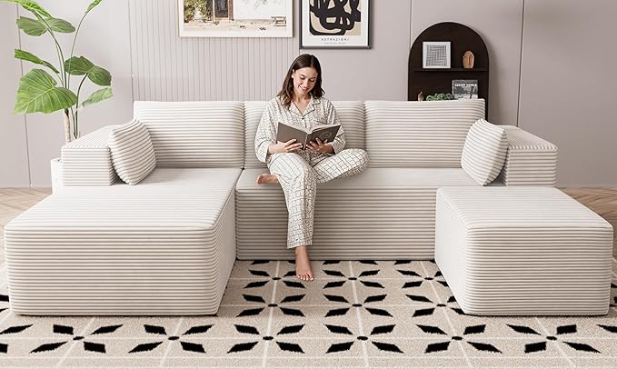 106" Cloud Sectional Boneless Couches for Living Room, Modular U Shaped Couch with Deep Seat, Removable Ottoman, Memory Foam Compressed Spineless 4 Seater Sofa for Bedroom Apartment, Beige