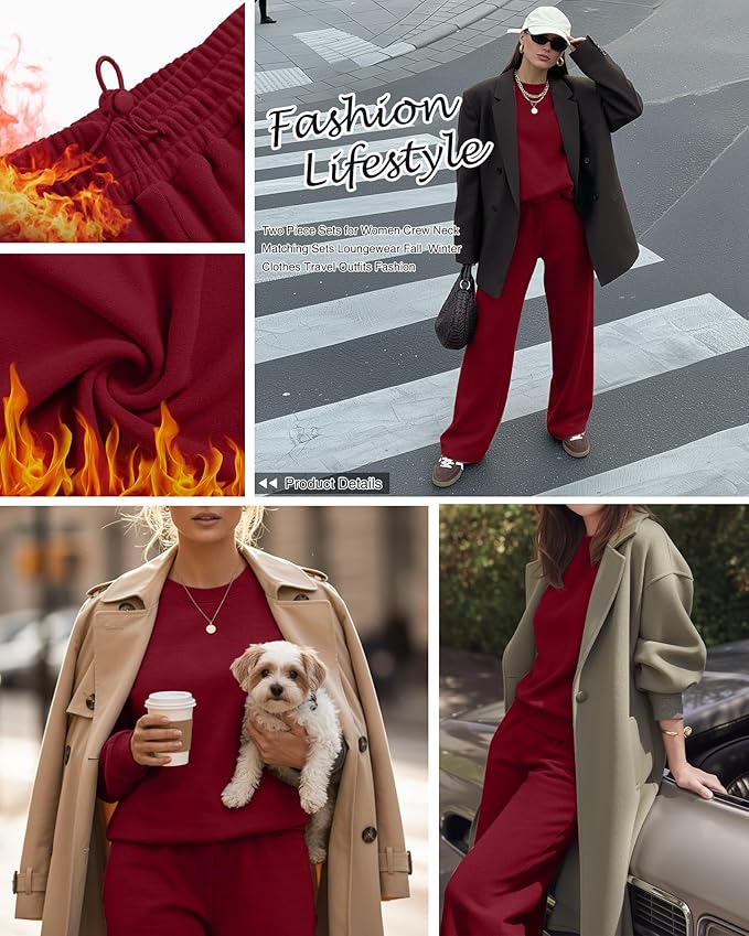 Sweetyweee Women's 2 Piece Outfits Set Fleece Lined Lounge Sweatsuit Crewneck Pullover Top Wide Leg Pants Casual Tracksuit