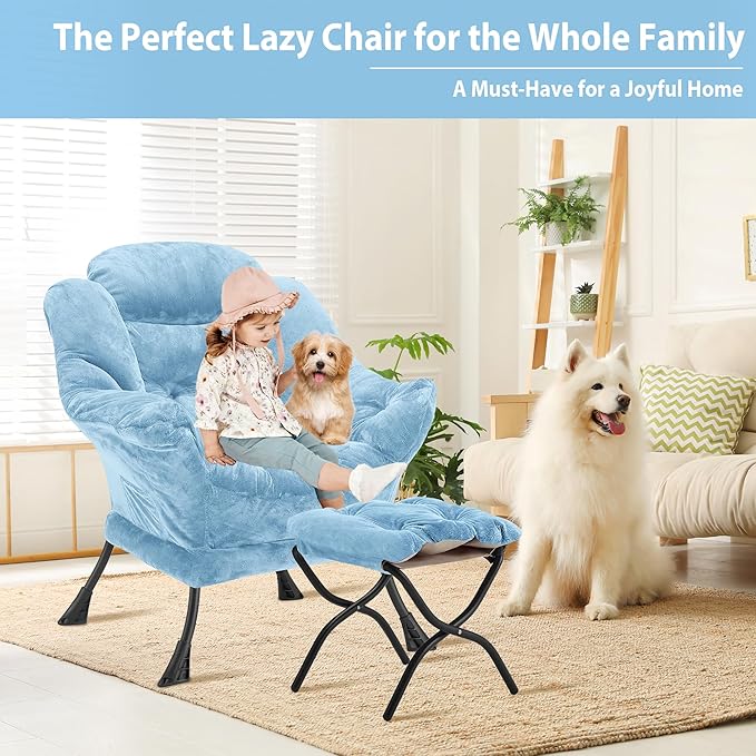 Youtanic Lazy Chair with Folding Ottoman, Accent Chair Plush Upholstered with Metal Structure and Non-Slip Pads, Sofa Armchair with Footrest and Side Storage Bag for Dorm, Room, Office, Blue
