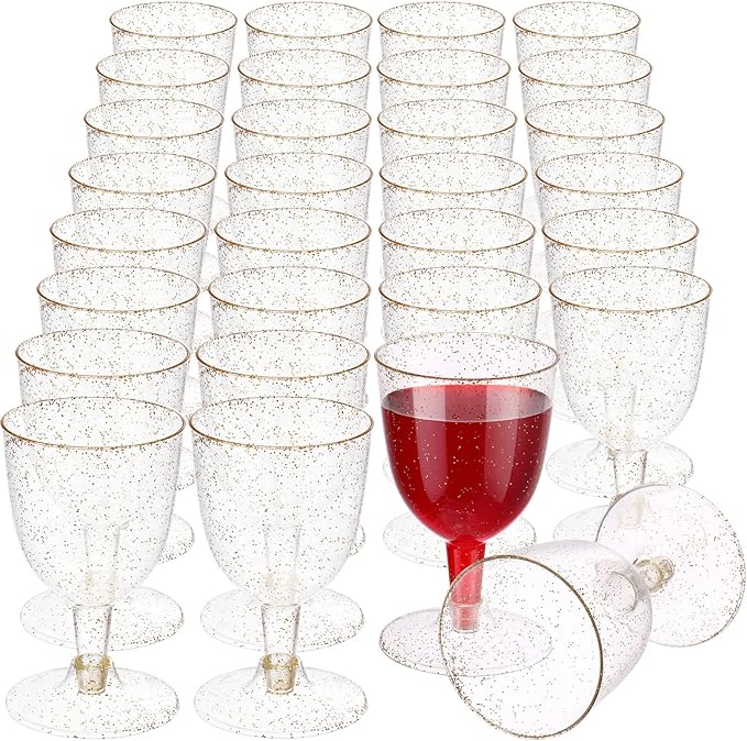 meekoo 50 Pcs 5.7oz / 170ml Disposable Plastic Wine Glasses, Gold Glitter Champagne Goblets Cocktail Cups for Weddings Bir...
