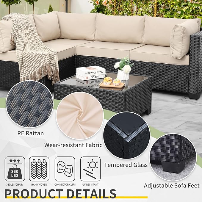WAROOM Outdoor Patio PE Wicker 5 Piece Furniture Set, Black Rattan Sectional Conversation Sofa Chair with Coffee Table,Khaki Cushion