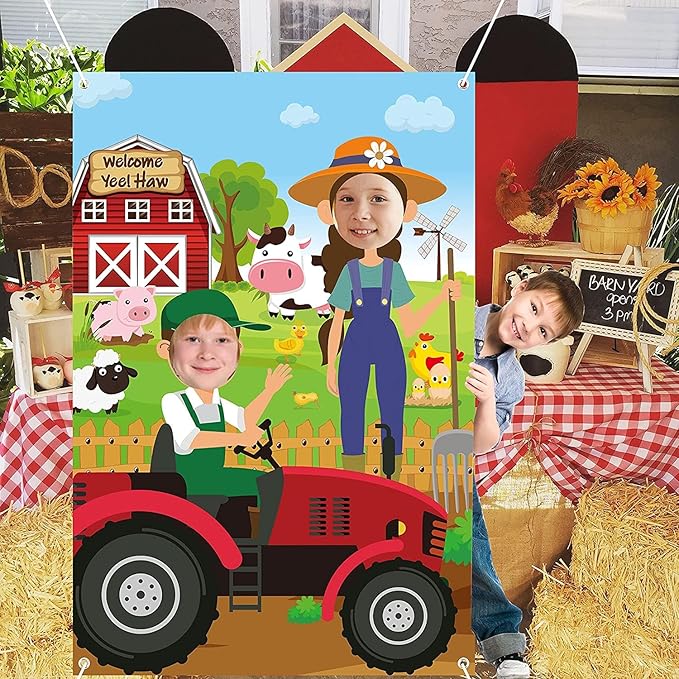 Haooryx Farm Animals Photobooth Props - Farm Animals Large Satin Fabric Photo Booth Props Backdrop Face in Hole Background...