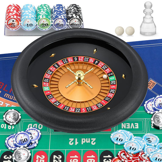 Proshine 18" ABS Roulette Wheel Set with 47.2 * 23.6” Double-Sided Roulette Tablecloth 100pcs Poker Chips Roulette Win Marker Dual Balls Casino Game Sets Smooth Rotation for Family & Party Fun