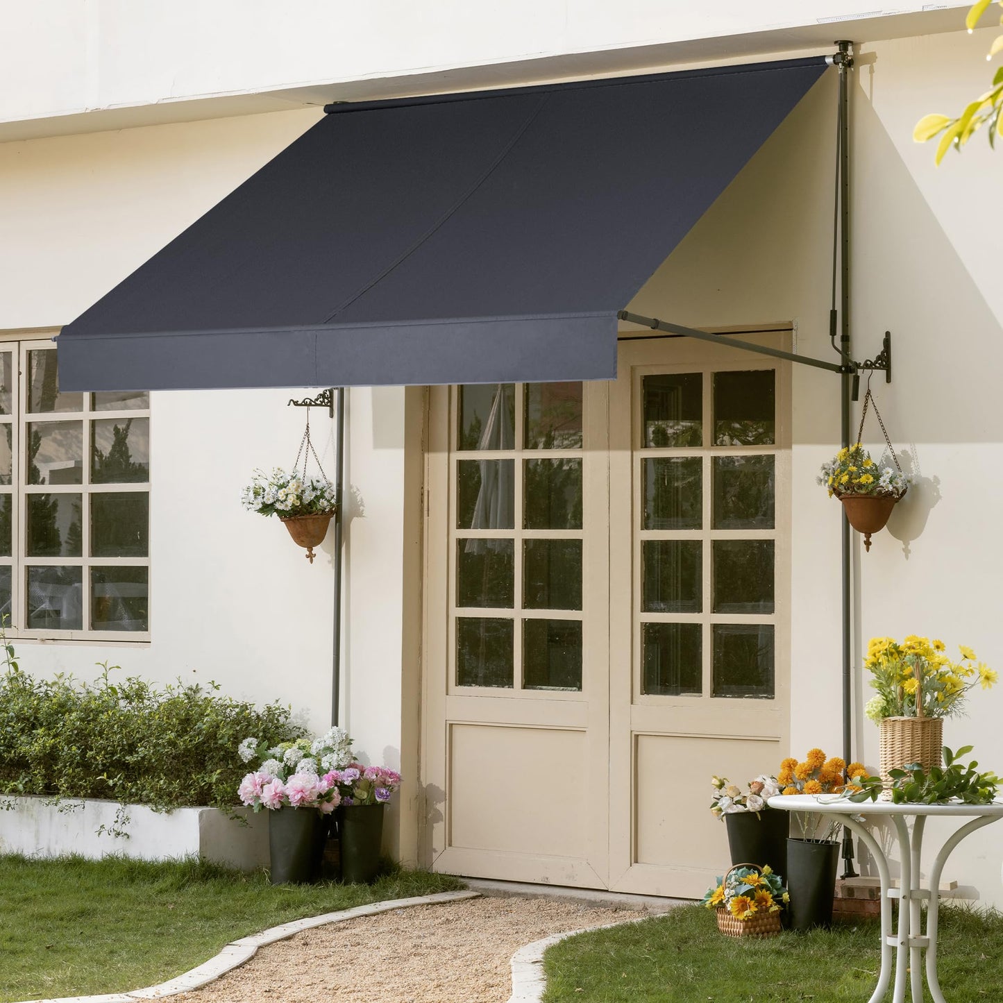 HOMEDEMO Manual Retractable Awning 79" W x 118" H,Side Bar 47-59in Patio Awning Retractable Outdoor Sunshade Shelter Height Adjustable Sunsetter Retractable Awning UV Protection for Backyard Garden