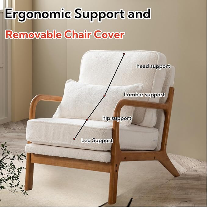 SEYNAR Mid-Century Accent Chair,Sherpa Fabric Lounge Chair with Wide Armrest,13-16.5'' Low Seat Height Armchair with Lumbar Pillow & Solid Wood Frame for Living Room, Bedroom, Balcony(Cream White)