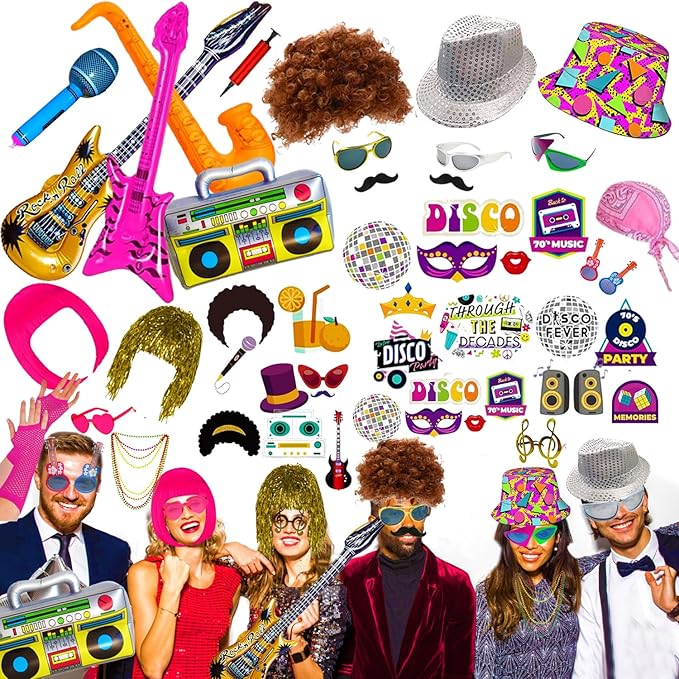 50 Pcs Rock Party Photo Booth Props Set for Adults, Funny Rock Star Party Sunglasses, Hats, Wigs, Inflatable, Photo Booth ...